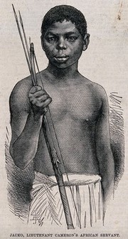Jacko, a boy carrying a bow and arrows, acting as servant to Verney Lovett Cameron. Wood engraving after V.L. Cameron.