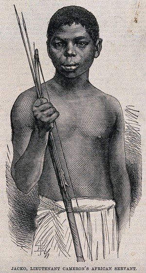 view Jacko, a boy carrying a bow and arrows, acting as servant to Verney Lovett Cameron. Wood engraving after V.L. Cameron.