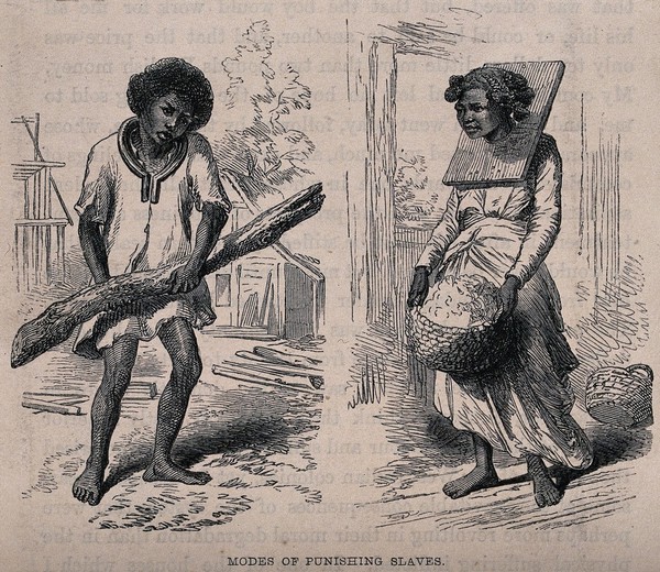 Slaves in Madagascar subjected to physical punishment: (left) a boy wearing a heavy iron collar is carrying a heavy piece of wood; (right) a woman with her head in a cangue is carrying a basket. Wood engraving after W. Ellis, 1858.