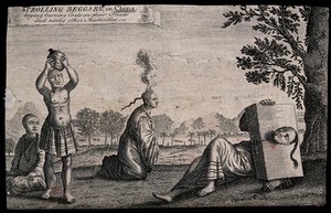 view Chinese men seeking alms by threatening to kill themselves by self-mutilation: (left to right) a man hitting his head with a rock; a man with burning herbs on his head; a man with his head stuck in a block. Engraving after J. Nieuhof.