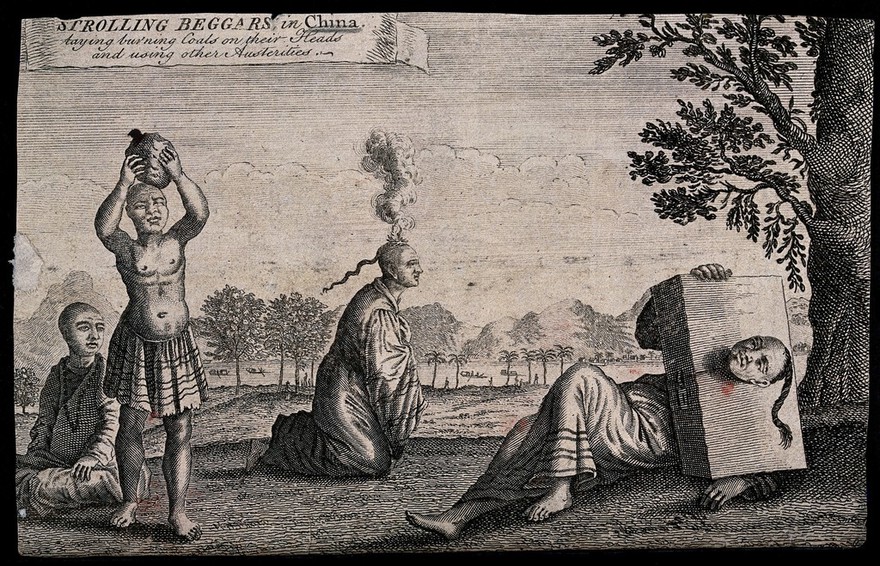 Chinese men seeking alms by threatening to kill themselves by self-mutilation: (left to right) a man hitting his head with a rock; a man with burning herbs on his head; a man with his head stuck in a block. Engraving after J. Nieuhof.