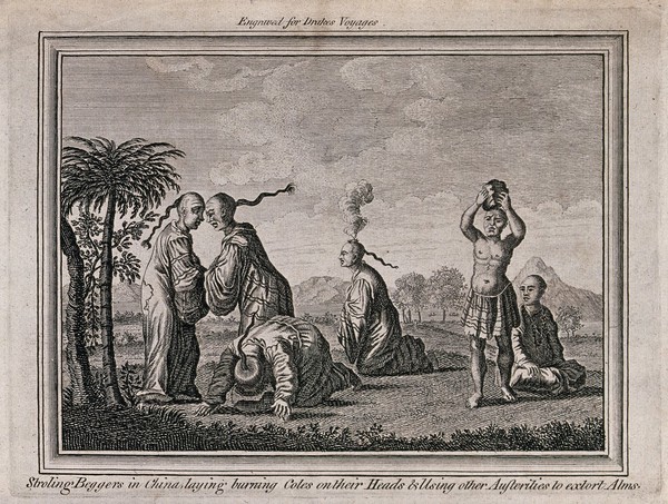 Chinese men seeking alms by threatening to kill themselves by self-mutilation}: (left to right) two men hitting their heads against each other; a man kneeling to hit his head against a rock; a man with burning herbs on his head; a standing man hitting his head with a rock. Engraving after J. Nieuhof.