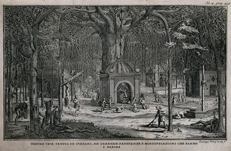 Men and women in India performing various kinds of penance and mortification.. Etching by Giuseppe Filosi.