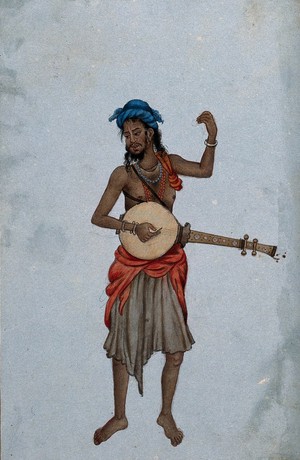 view A man wearing a cloth and a turban, playing a musical instrument. Watercolour.