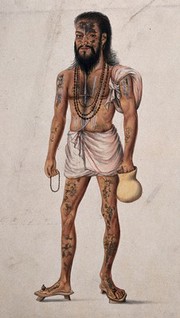 A Hindu ascetic man (sadhu) with beads around his neck is carrying a begging jar and prayer beads. Watercolour.