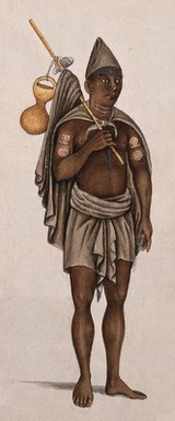 A man in a loincloth is carrying a stick with a cloth and pot. Watercolour.