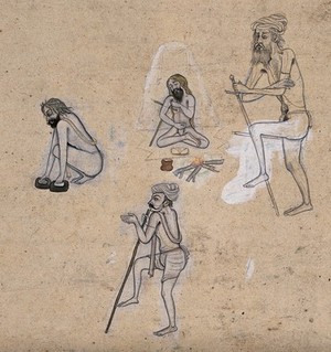 view Four sadhus (Hindu ascetics) performing rituals and austerities. Drawing, ca. 1880 (?).