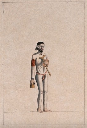 A Hindu ascetic or holy man: standing, wearing a saffron loincloth and carrying a kamandal (sacred pot), a bowl (?) and an asho (wooden handrest). Drawing, ca. 1880 (?).
