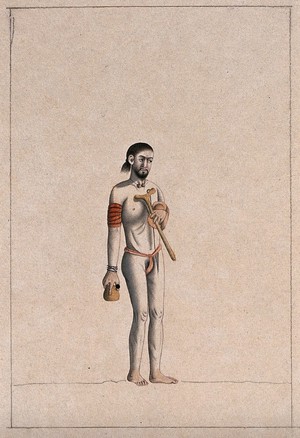 view A Hindu ascetic or holy man: standing, wearing a saffron loincloth and carrying a kamandal (sacred pot), a bowl (?) and an asho (wooden handrest). Drawing, ca. 1880 (?).