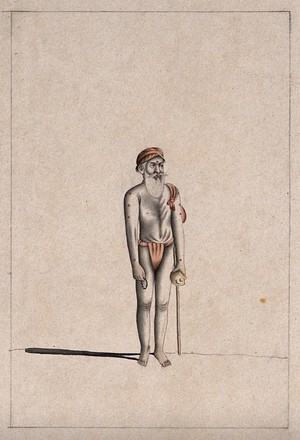 view An old Hindu ascetic or holy man: standing, wearing a saffron loincloth and turban and carrying a cloth bundle, pot and beads. Drawing, ca. 1880 (?).