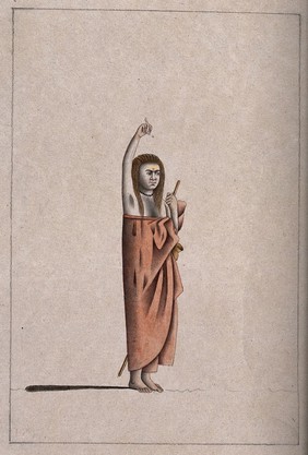 A Hindu ascetic or holy man: standing, with his right arm raised above his head. Drawing, ca. 1880 (?).