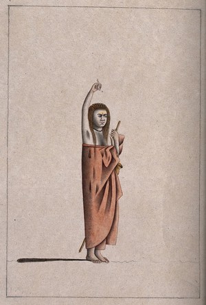 view A Hindu ascetic or holy man: standing, with his right arm raised above his head. Drawing, ca. 1880 (?).