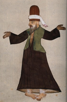 A Mevlevi, or whirling dervish, performing a ritual mystic dance. Drawing, ca. 1850 (?).