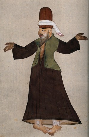 view A Mevlevi, or whirling dervish, performing a ritual mystic dance. Drawing, ca. 1850 (?).