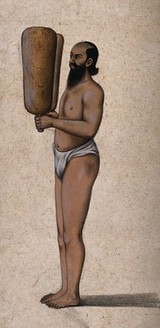 A Hindu ascetic or holy man: standing, wearing a loincloth and carrying two large weights (?), one in each hand. Gouache painting, ca. 1880 (?).