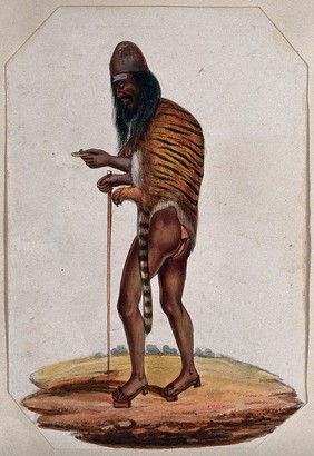 A Hindu ascetic or holy man: walking, wearing a cap, loincloth, tigerskin and raised sandals (pattens). Gouache painting, ca. 1880 (?).