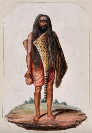 view A Hindu ascetic or holy man: standing, wearing a short saffron robe and tigerskin. Gouache painting, ca. 1880 (?).