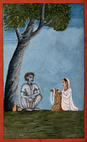 A Hindu ascetic or holy man, seated under a tree, receiving food from a kneeling woman. Gouache painting by an artist of Thanjavur (Tanjore), ca. 1800 (?).