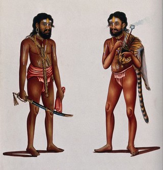 Two Hindu ascetics or holy men, one holding a sword in a scabbard (left), the other smoking a hookah (right). Gouache painting, ca. 1880 (?).