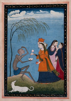 An emaciated Hindu ascetic or holy man, seated on a knoll under a tree, with his left hand held over his head; a richly dressed woman pours liquid into his bowl. Gouache painting.