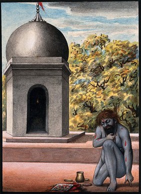 A Hindu ascetic or holy man, performing austerities outside a temple (?). Watercolour, ca. 1880 (?).