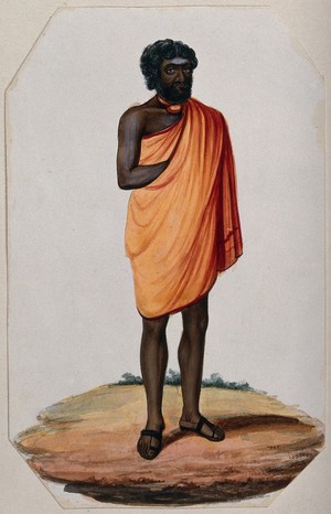 view A Hindu ascetic or holy man: standing, wearing a short saffron robe and sandals. Gouache painting.