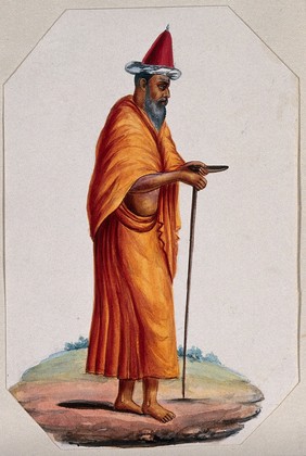 A Mevlevi (?), or Sufi holy man: walking, wearing a saffron cloak and skirt, and a tall red conical hat. Gouache painting.