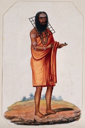 A Hindu ascetic or holy man: standing, wearing a saffron robe and with a metal rack (?) placed around his neck. Gouache painting.