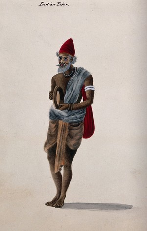 view A Hindu ascetic or holy man: standing, playing a tambourine. Watercolour, ca. 1880 (?).