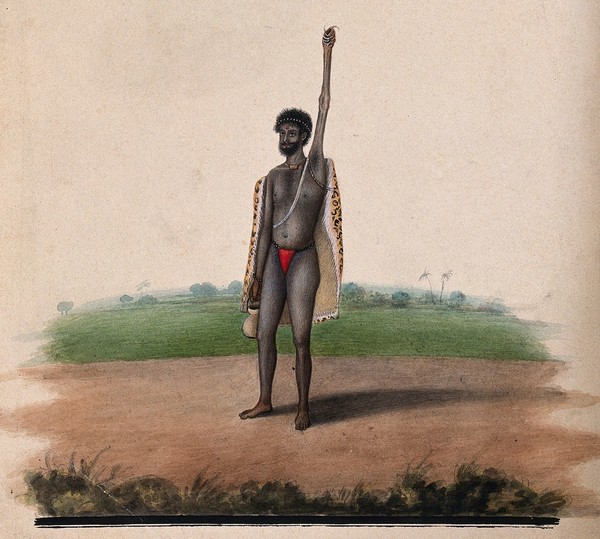 A Hindu ascetic or holy man: standing, with withered left arm raised over his head, and overgrown fingernails. Watercolour, ca. 1880 (?).