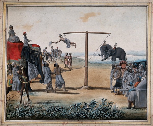A Hindu ascetic or holy man: suspended by a hook and two spikes inserted through the muscles of his back. Gouache painting by an Indian artist.