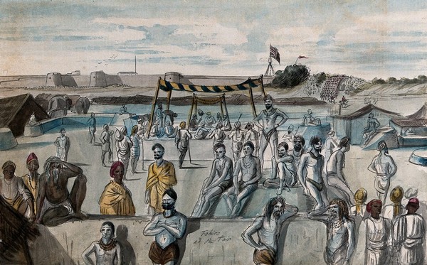 India : a gathering of Hindu ascetics (sadhus) at a religious festival: in the background, the Union flag flies over a British military fortification. Watercolour, ca. 1880 (?).