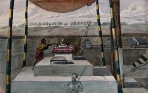 view A man tends a Hindu altar on a stepped dais, sheltered by a canopy. Watercolour, ca. 1880 (?).