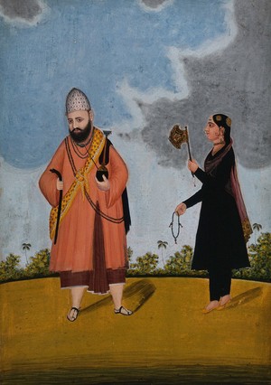 view A well-dressed Hindu ascetic or holy man receiving gifts from a richly dressed woman. Gouache painting by an artist of Thanjavur (Tanjore).