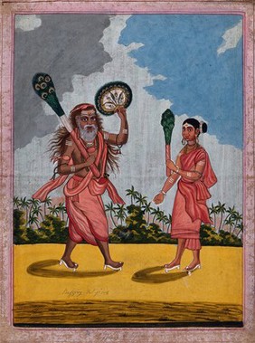 Two Hindu ascetics: left, a man holding a peacock feather broom and fan; right, a woman holding a peacock feather broom. Gouache painting by an artist of Thanjavur (Tanjore).