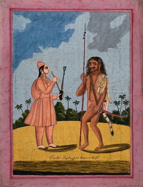 Two Hindu ascetics: left, a woman wearing saffron robes, brimless hat and slippers and smoking a hookah; right, a barefoot man wearing a saffron loincloth and a tigerskin, and carrying a spear and sword in a scabbard. Gouache painting by an artist of Thanjavur (Tanjore).