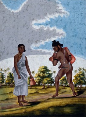 A Hindu ascetic or holy man performing self-torture, accompanied by a woman. Gouache painting by an artist of Thanjavur (Tanjore), ca. 1800 (?).