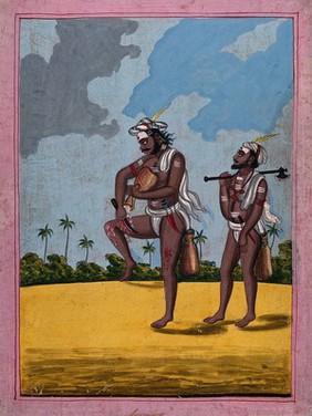 Two Hindu ascetics or holy men, one performing self-torture. Gouache painting by an artist of Thanjavur (Tanjore), ca. 1800 (?).