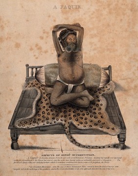 A Hindu ascetic, or holy man: seated in the lotus position on a leopard skin, with withered arms raised above his head. Coloured stipple engraving, 1814.