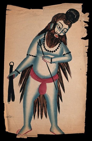 view A Hindu ascetic, or holy man: holding a trident. Gouache drawing by a Bengali artist, ca. 1880 (?).