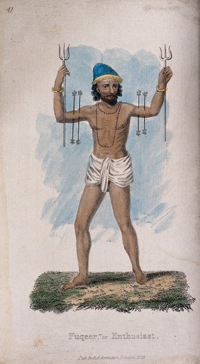 A Hindu ascetic, or holy man: with two rods piercing his upper arms, and holding a trident in each hand. Coloured stipple engraving, 1828.