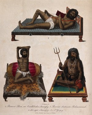 view Three Hindu ascetics, or holy men: above, a man lying on a bed of nails; below left, a man seated in the lotus position with withered arms raised above his head; below right, a man seated in the lotus position holding a trident. Coloured engraving by J. Chapman, 1809.