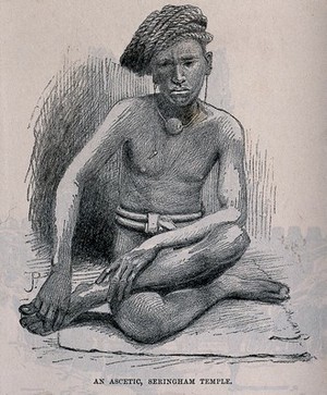 view A Hindu ascetic, or holy man at Srirangam Temple: sitting cross-legged on a mat. Process print after J. Pedder, ca. 1890.