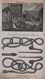 Hooks, ropes and a lancet used by Hindu ascetics for self-torture. Engraving, 1798.