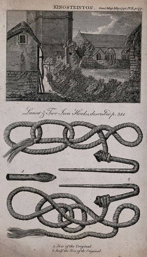 view Hooks, ropes and a lancet used by Hindu ascetics for self-torture. Engraving, 1798.