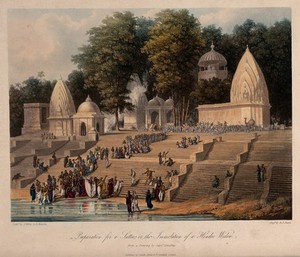 view Ghat on the Ganges (?): a crowd preparing for a suttee, or widow-burning. Coloured aquatint by R.G. Reeve, J. Willis and H. Melville after R.M. Grindlay, ca. 1830 (?).