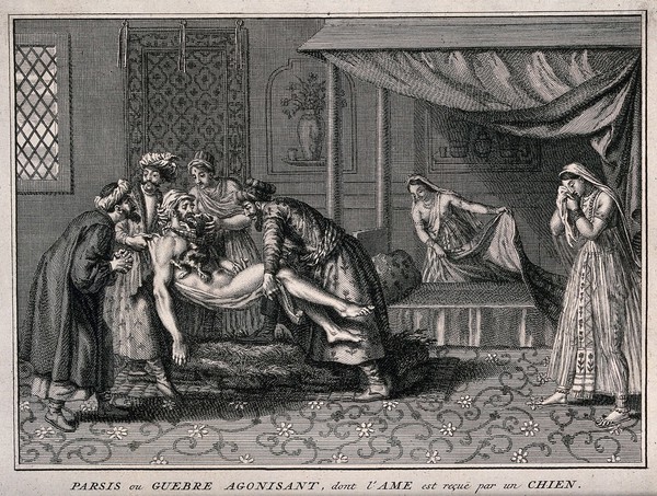 A dying Parsee with a small dog held with its muzzle to his mouth, to receive his departing soul. Engraving attributed to C. du Bosc after B. Picart, ca. 1730.