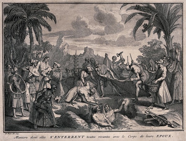 A burial suttee: a widow has been placed in a grave beside her dead husband. Engraving after B. Picart, 1729.