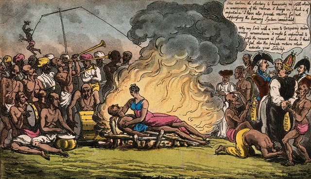 Suttee, with Lord Hastings shown as accepting bribes to allow its continuation. Coloured aquatint by T. Rowlandson, 1815, after Quiz.