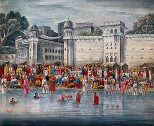 view A crowd preparing for a suttee, or widow-burning: beside the Ganges (?) River. Gouache painting by an Indian artist.